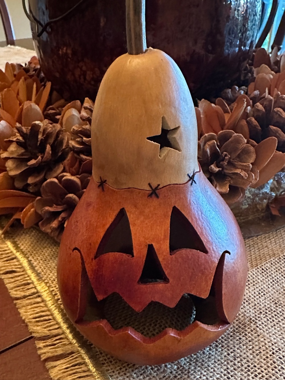Small guord jack o lantern. Tea light can go inside